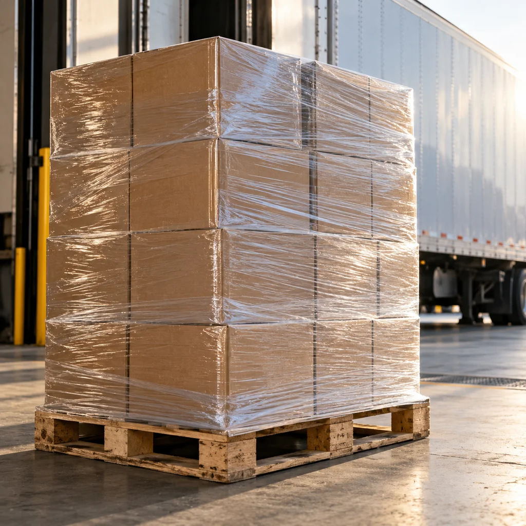 AI-generated illustrative wrapped pallet of cargo beside a trailer loading dock