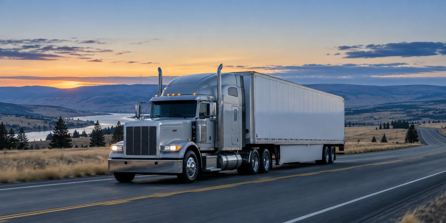 AI-generated illustrative photograph of a silver semi-truck on an inland Northwest highway