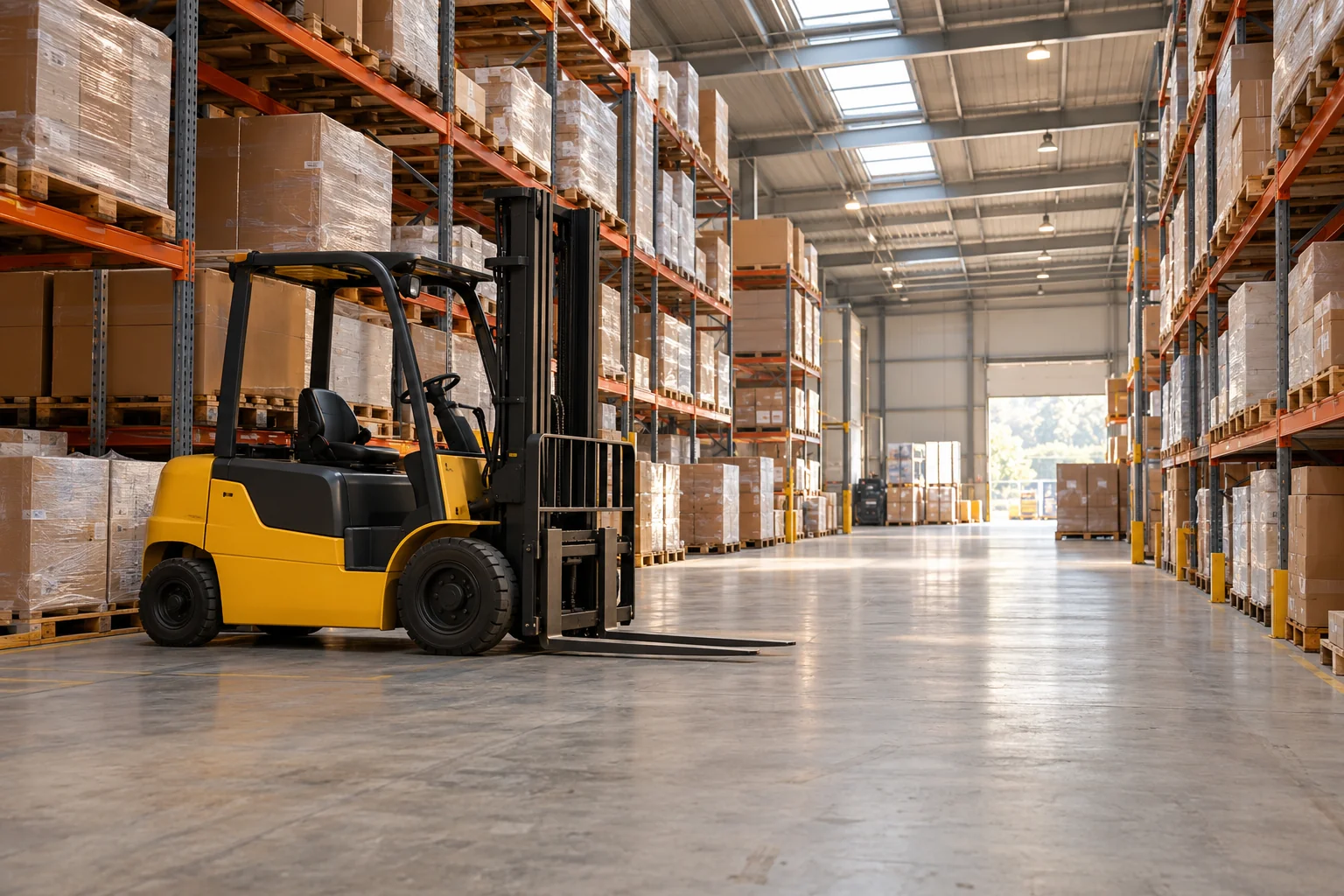 AI-generated illustrative distribution warehouse with pallet racking and a parked forklift